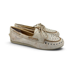 Lucky Brand Timini Studded Leather Boat Shoes Women's 8 M White Moc Toe Flats
